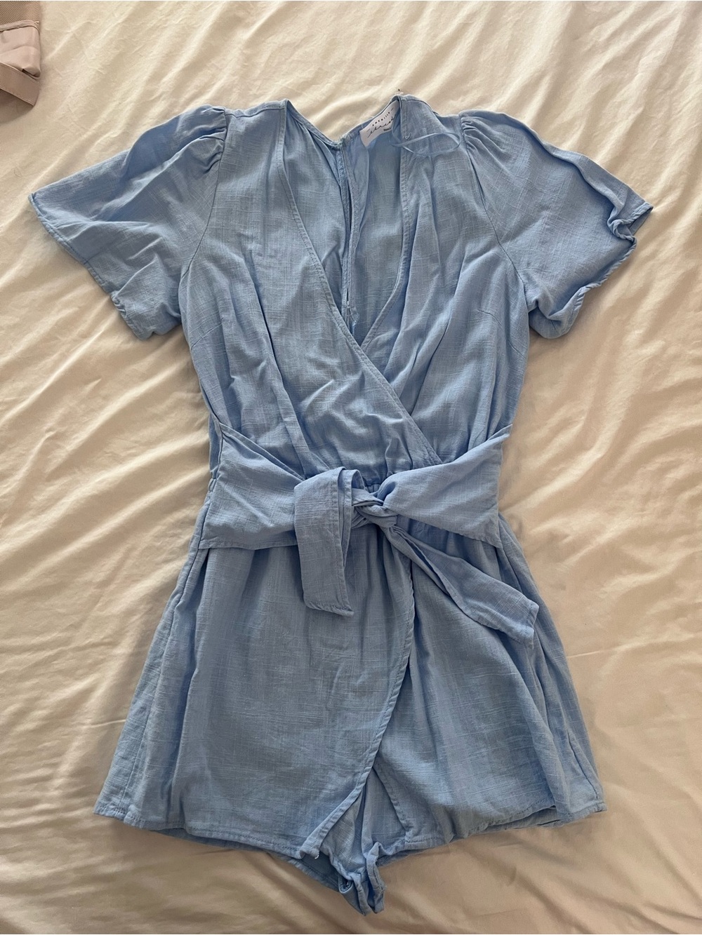 American Threads Light Blue Wrap Romper with Tie Waist